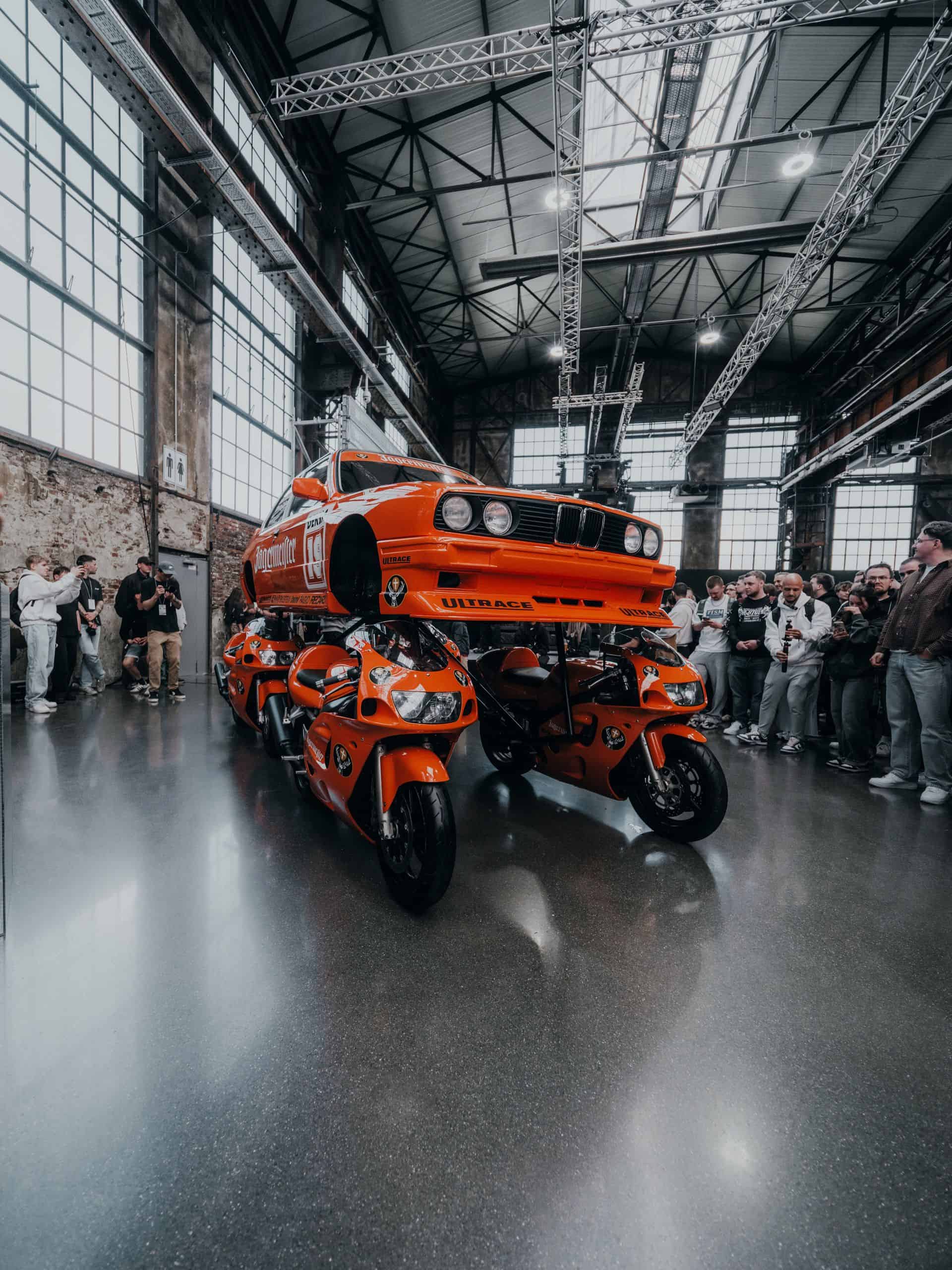 Someone stripped a Jägermeister E30 M3 and sat it on four Suzuki GSX-R bikes